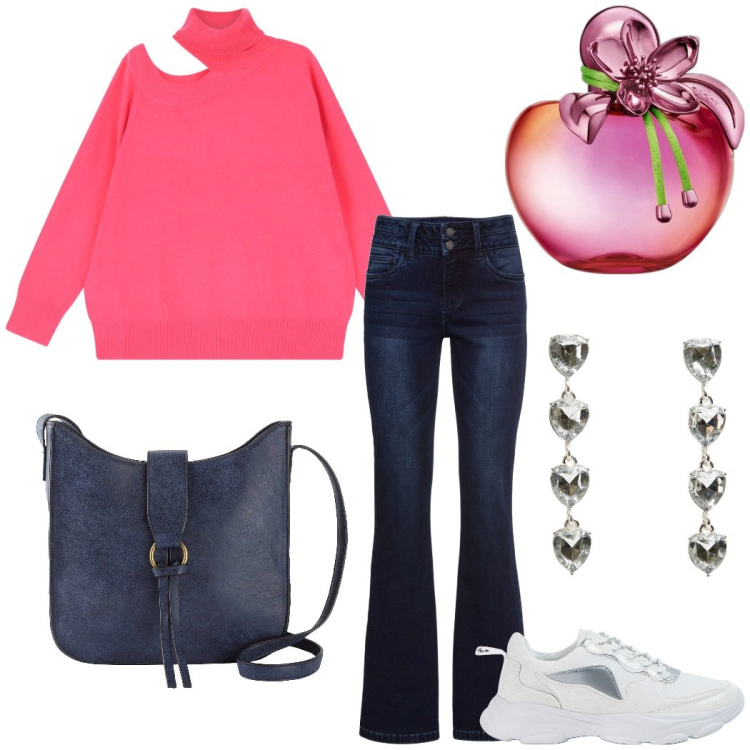 Outfit donna - In ufficio. Stile Casual per Ufficio. Abbinamento con jeans bootcut, borse a tracolla, profumi, orecchini, sneakers, maglieria.