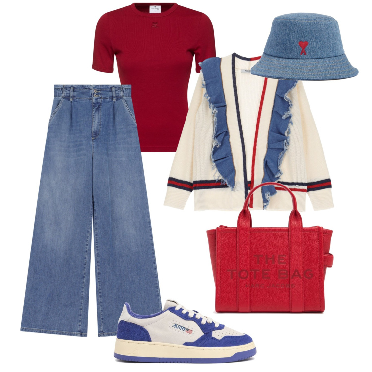 Outfit donna - Il cardigan con volant in denim. Stile Casual per Tutti i giorni. Abbinamento con jeans, cardigans, sneakers, shopping bag, t-shirt, cappelli.