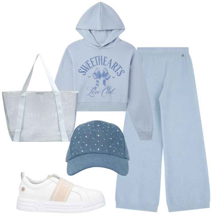 Outfit donna - Total look #2069191. Stile Casual per Tutti i giorni. Abbinamento con sneakers, cappelli, shopping bag, felpe con cappuccio, pantaloni.