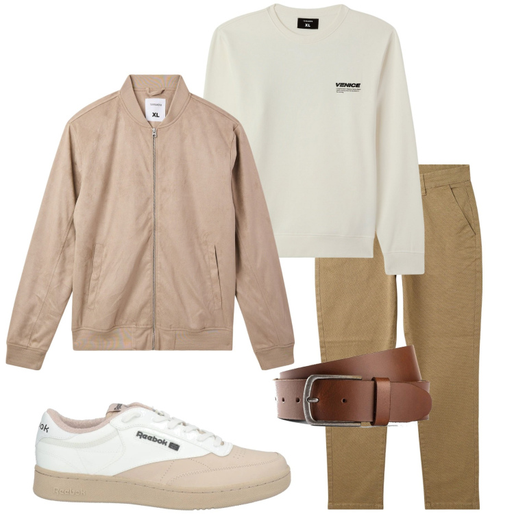 Outfit uomo - Toni chiari. Stile Urban per Tutti i giorni. Abbinamento con cinture, sneakers, felpe, bomber, pantaloni chino.