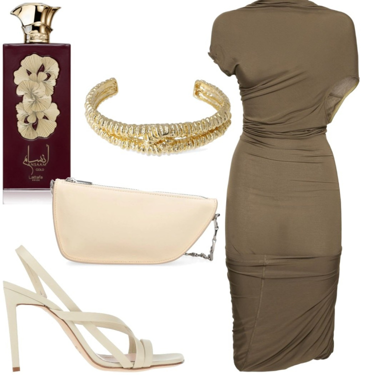 Outfit donna - Serata evento. Stile Glamour per Serata fuori. Abbinamento con profumi, sandali in pelle, braccialetti, vestiti, borse a spalla.