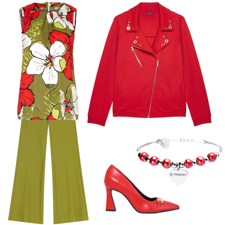 Outfit donna - W il rosso. Stile Casual chic per Scuola/Università. Abbinamento con top, pantaloni, décolleté, braccialetti, giacche.