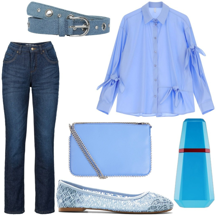 Outfit donna - Total look #2069213. Stile Casual chic per Ufficio. Abbinamento con ballerine, jeans dritti, profumi, cinture, borse a tracolla, camicie.