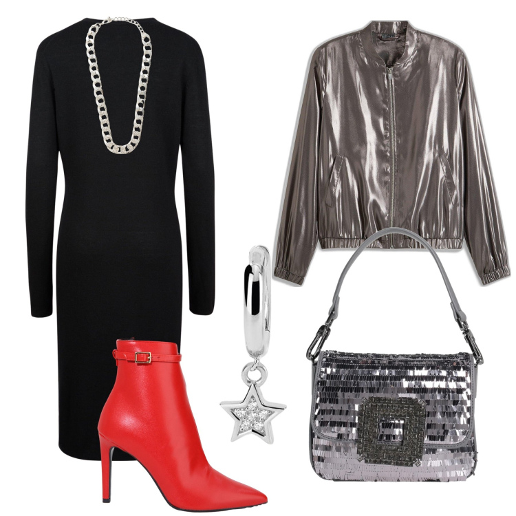 Outfit donna - Silver dreams. Stile Bon Ton per Serata fuori. Abbinamento con bomber, borse a mano, collane, orecchini, stivaletti, vestiti midi/longuette.