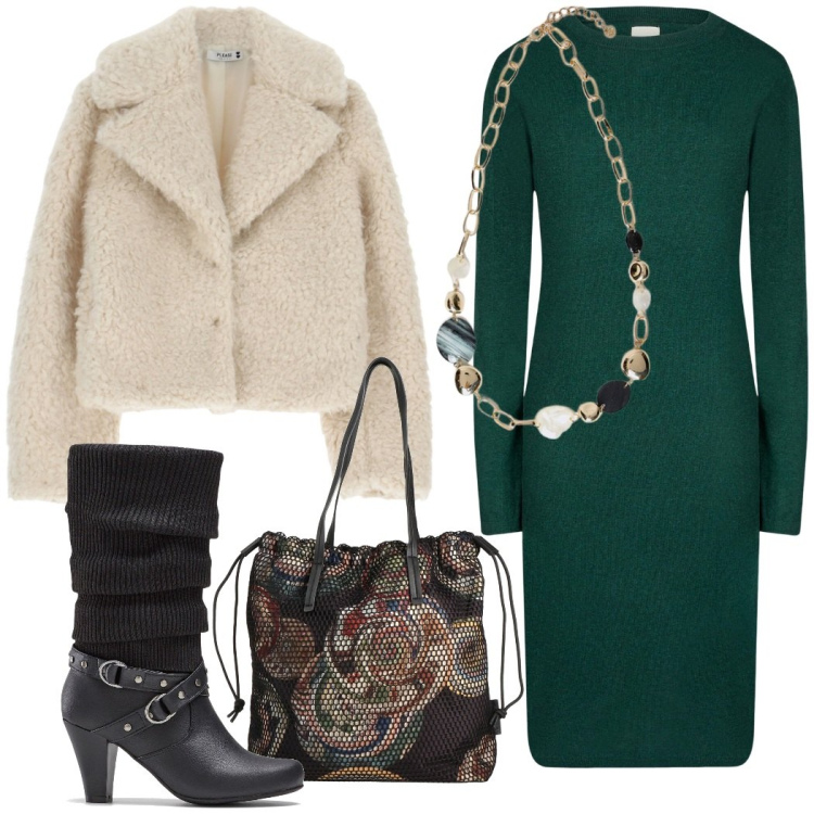 Outfit donna - In ufficio. Stile Casual chic per Ufficio. Abbinamento con stivali, borse a mano, blazer, vestiti midi/longuette, collane.