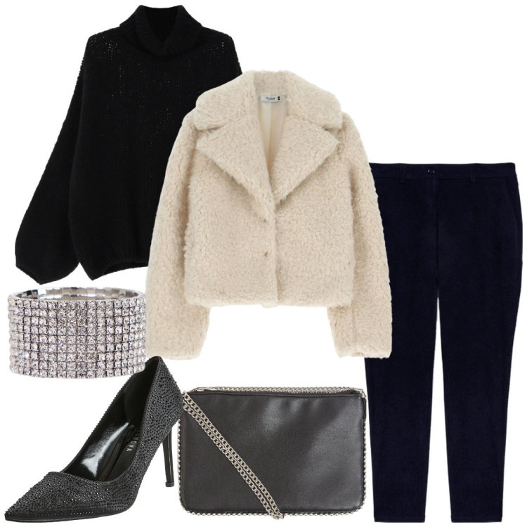 Outfit donna - Un accessorio per brillare. Stile Casual chic per Serata fuori. Abbinamento con borse a tracolla, décolleté, blazer, maglieria, braccialetti, pantaloni.