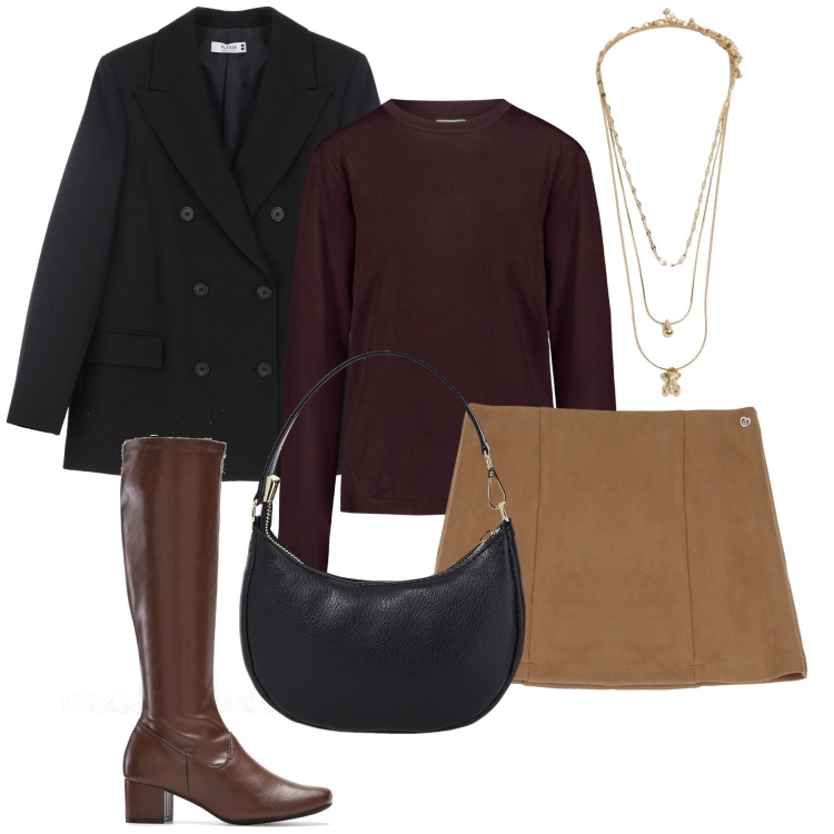 Outfit donna - Gli stivali marroni. Stile Preppy per Tutti i giorni. Abbinamento con stivali, ciondoli, blazer, minigonne, borse a spalla, pullovers.