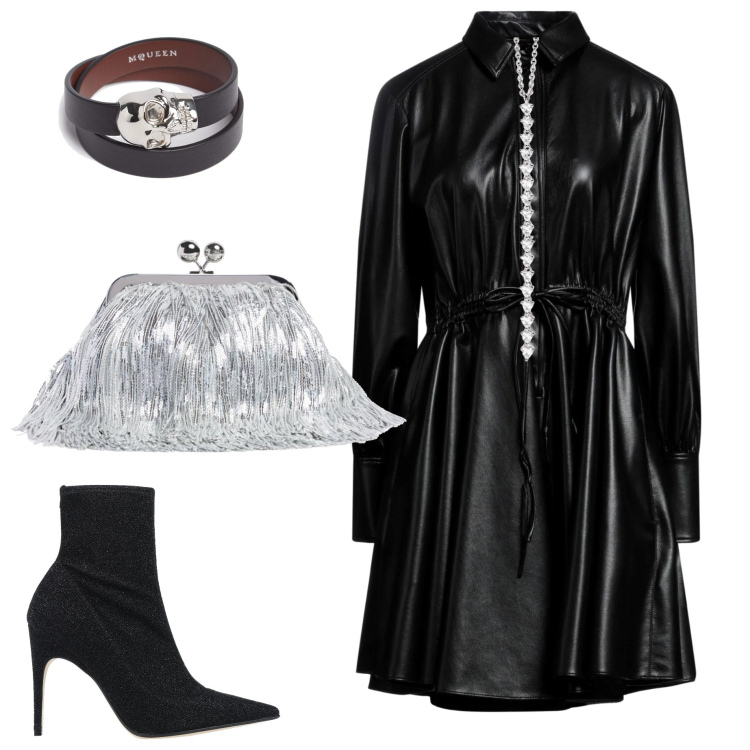 Outfit donna - Un accessorio per brillare. Stile Rock per Serata fuori. Abbinamento con stivaletti, vestiti corti, ciondoli, braccialetti, pochette.