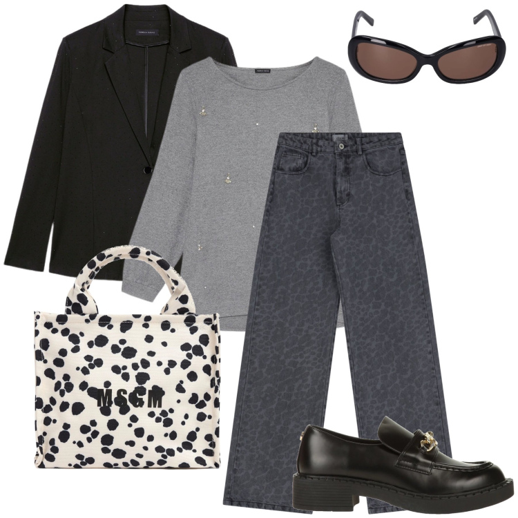 Outfit donna - La borsa in primo piano. Stile Urban per Ufficio. Abbinamento con mocassini, jeans, blazer, maglieria, shopping bag, occhiali da sole.