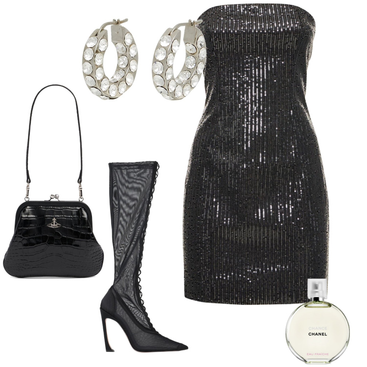 Outfit donna - Bonne chance. Stile Sexy per Serata fuori. Abbinamento con stivali, orecchini, profumi, pochette, vestiti.