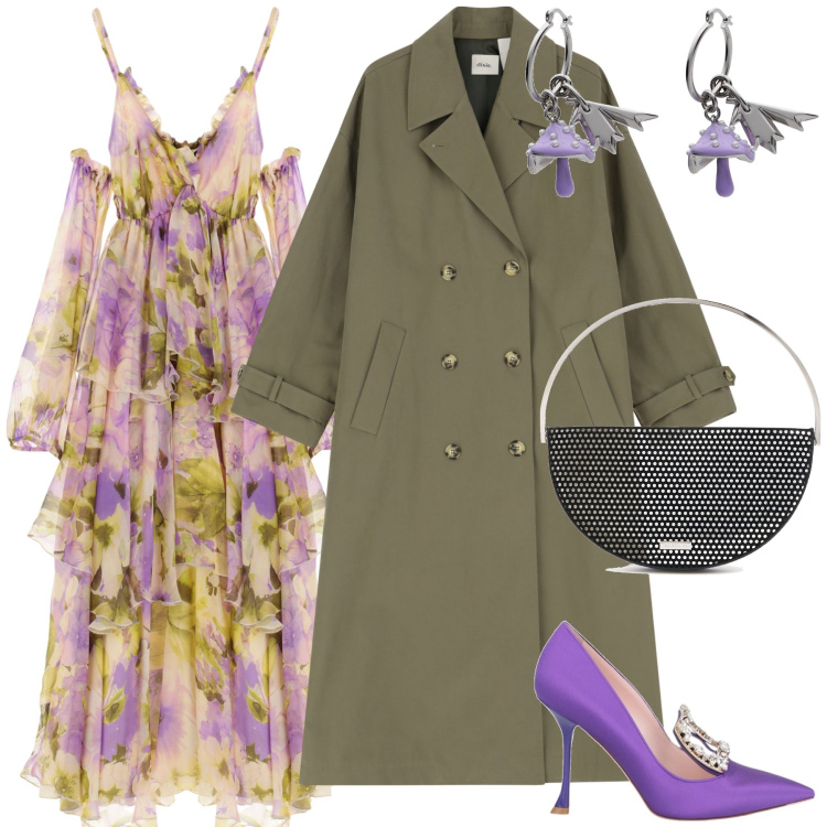 Outfit donna - Invitata di marzo. Stile Glamour per Cerimonia. Abbinamento con décolleté, orecchini, trench, vestiti, pochette.