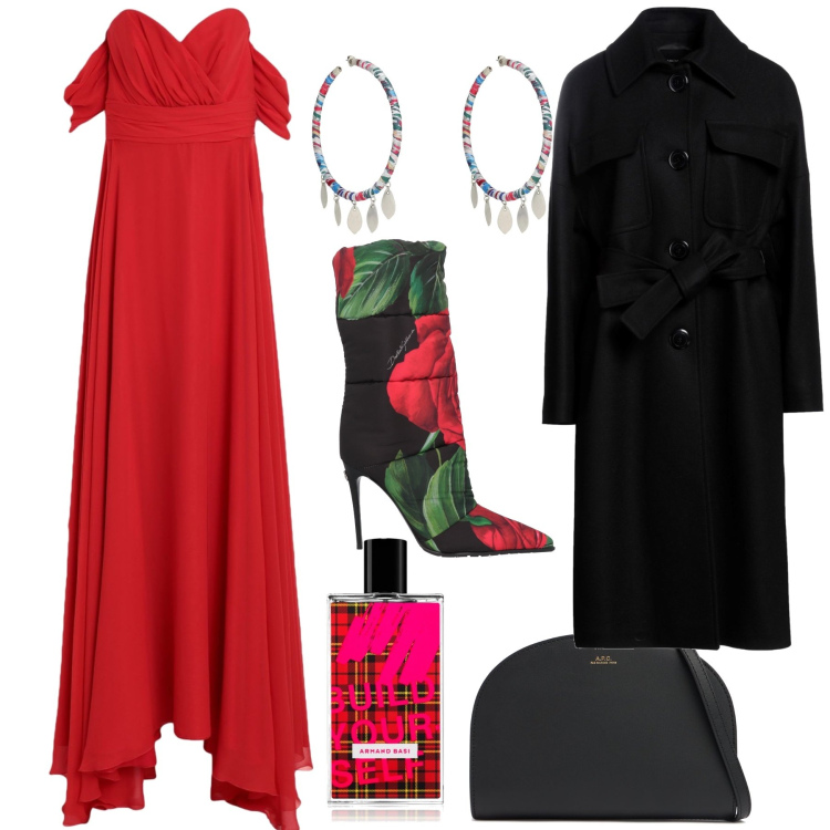 Outfit donna - Eleganza a carnevale. Stile Glamour per Serata fuori. Abbinamento con stivaletti, orecchini, cappotti, vestiti lunghi, profumi, clutch.