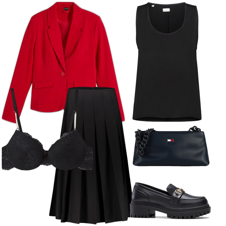 Outfit donna - Giacca rossa da nuova stagione. Stile Urban per Tutti i giorni. Abbinamento con blazer, mocassini, borse a mano, reggiseni a balconcino, gonne longuette, top.