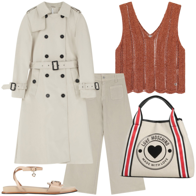 Outfit donna - Accessori estivi di primavera. Stile Glamour per Tutti i giorni. Abbinamento con borse a mano, sandali in pelle, top, pantaloni, trench.