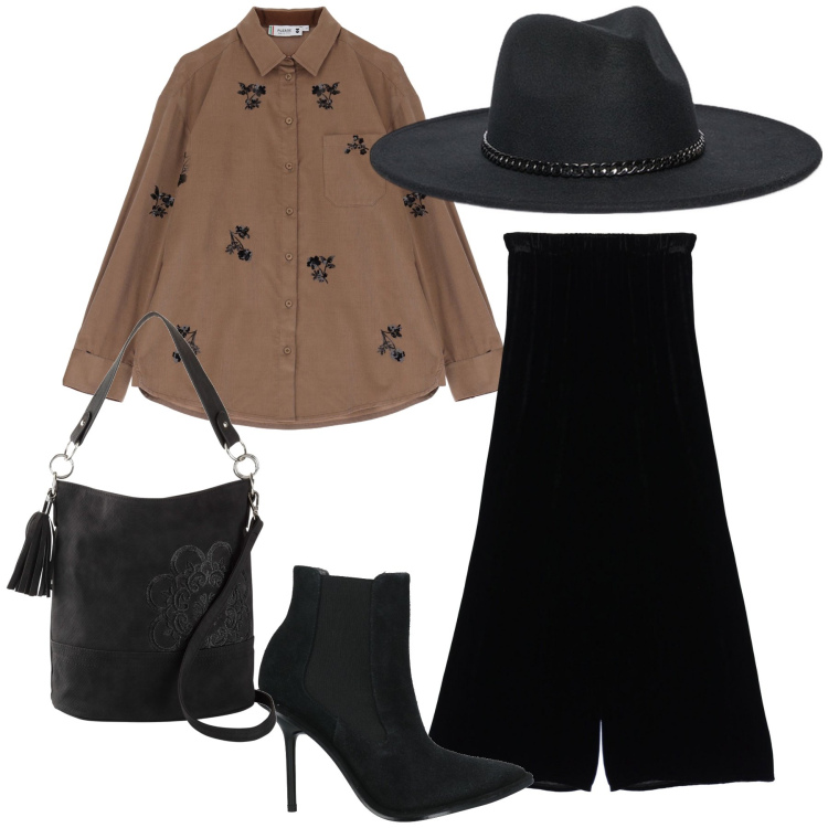 Outfit donna - Molto chic. Stile Urban per Serata fuori. Abbinamento con borse a mano, stivaletti, camicie, pantaloni, cappelli.