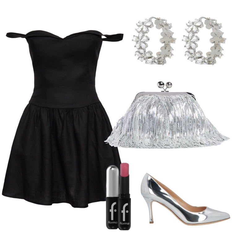 Outfit donna - LBD per una sera di carnevale. Stile Chic per Serata fuori. Abbinamento con orecchini, décolleté, rossetti, vestiti, pochette.