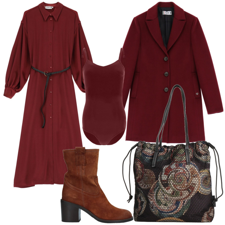 Outfit donna - In bordeaux. Stile Urban per Tutti i giorni. Abbinamento con stivaletti, borse a mano, cappotti, vestiti lunghi, body.
