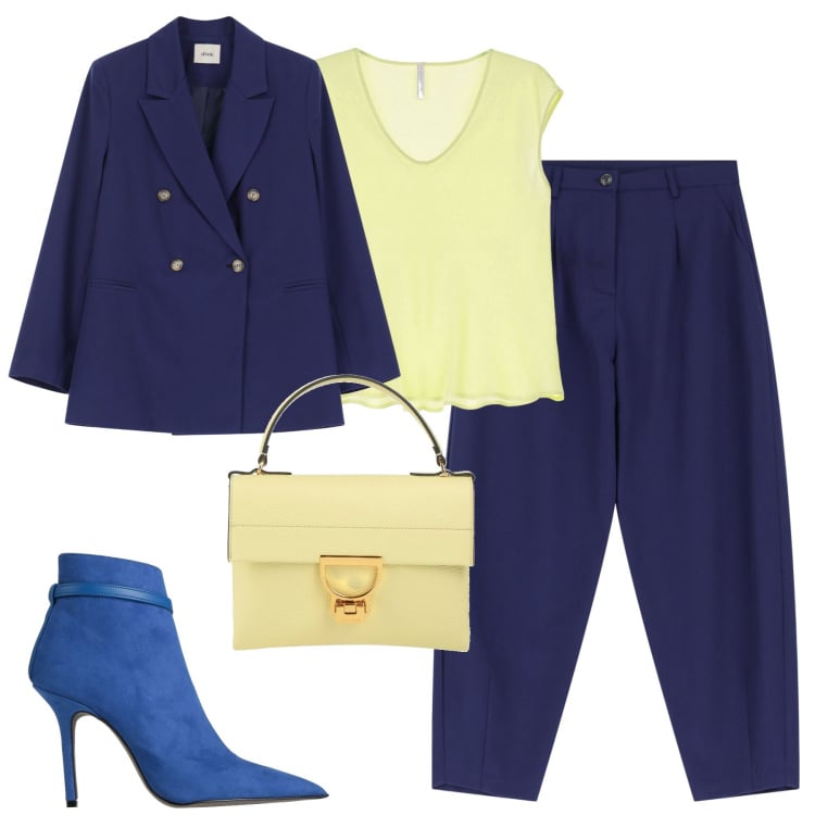 Outfit donna - City. Stile Urban per Tutti i giorni. Abbinamento con stivaletti, borse a mano, top, pantaloni, blazer.