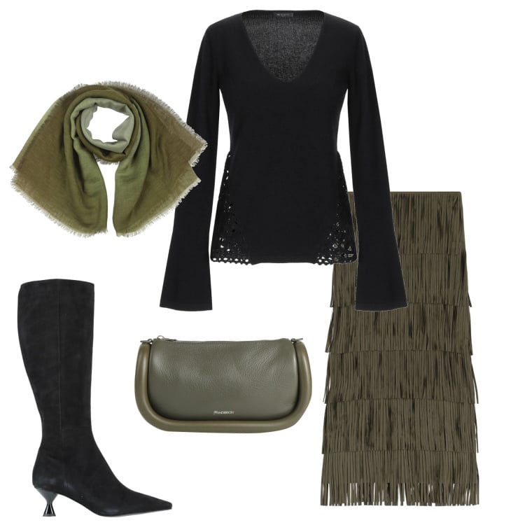 Outfit donna - Stivali di febbraio. Stile Chic per Serata fuori. Abbinamento con pullovers, stivali, sciarpe, borse a mano, gonne lunghe.