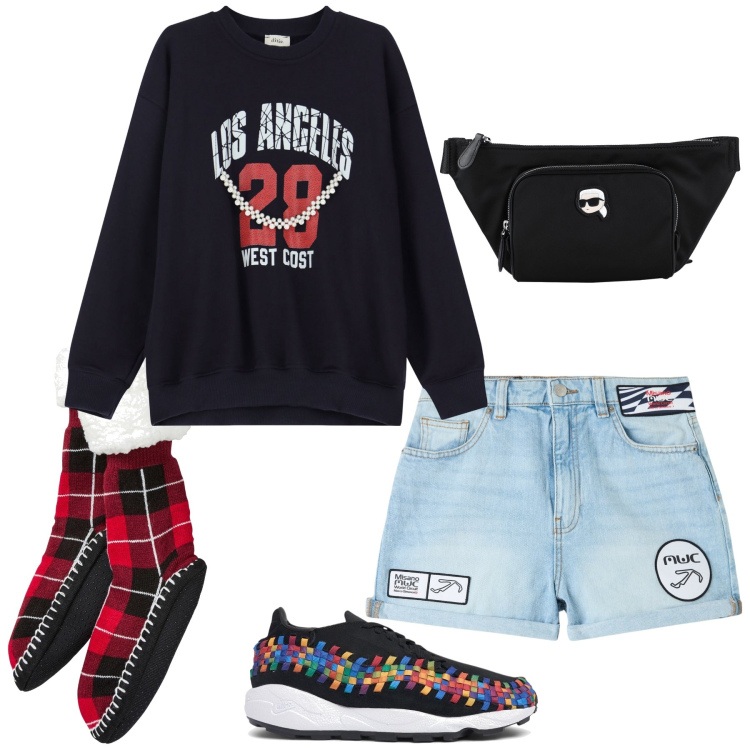 Outfit donna - Shorts e calzini di pelo per l inverno. Stile Casual per Tutti i giorni. Abbinamento con calzini, marsupi, shorts, felpe, sneakers.
