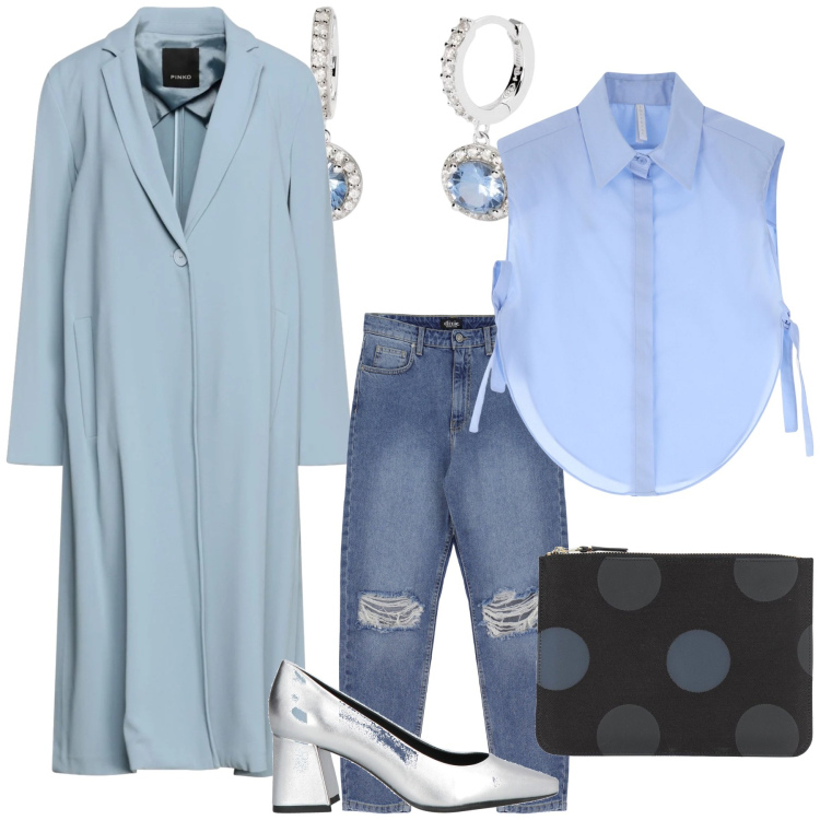Outfit donna - Il soprabito azzurro. Stile Trendy per Serata fuori. Abbinamento con trench, pochette, décolleté, orecchini, camicie, jeans strappati.