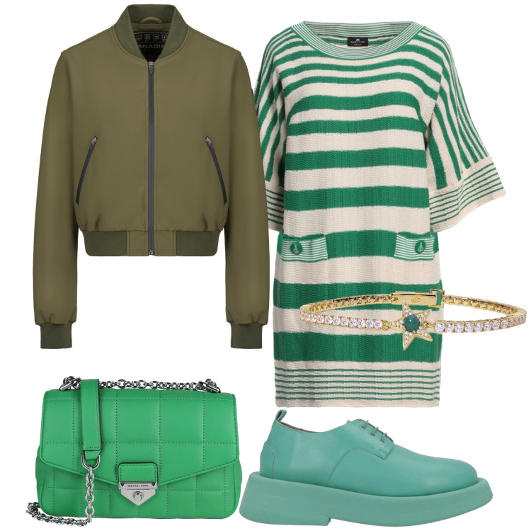Outfit donna - La primavera è verde. Stile Urban per Tutti i giorni. Abbinamento con borse a tracolla, vestiti corti, scarpe stringate, braccialetti, bomber.