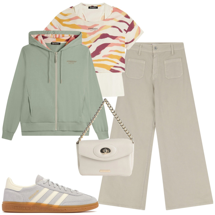 Outfit donna - City. Stile Casual per Tutti i giorni. Abbinamento con borse a mano, pantaloni, t-shirt, felpe con cappuccio, sneakers.