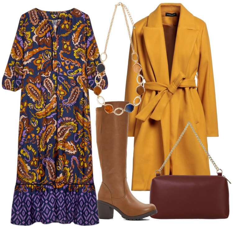 Outfit donna - Etno chic: Collana con pietre dure. Stile Etnico per Ufficio. Abbinamento con stivali, cappotti, borse a tracolla, collane, vestiti lunghi.