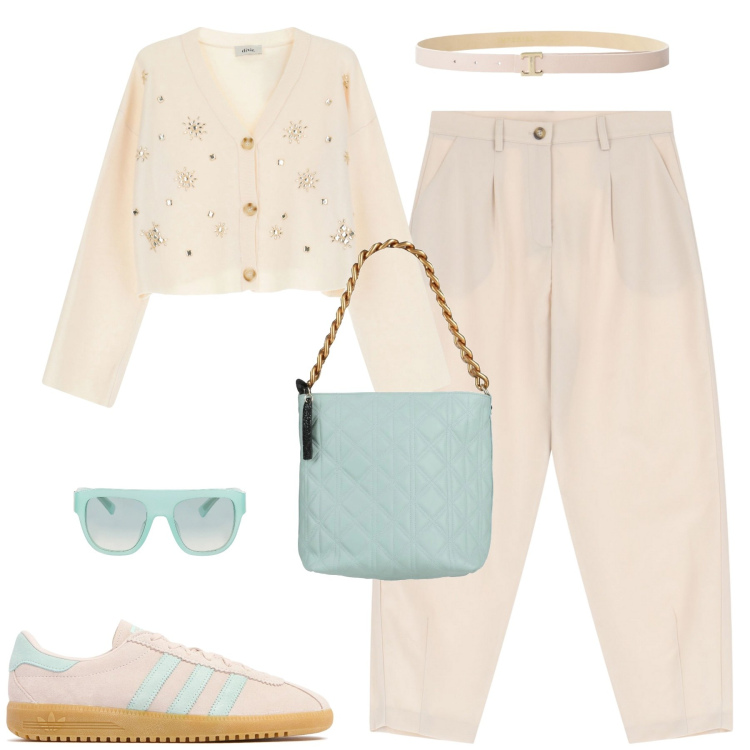 Outfit donna - City. Stile Minimal per Tutti i giorni. Abbinamento con borse a mano, occhiali da sole, cinture, pantaloni, cardigans, sneakers.