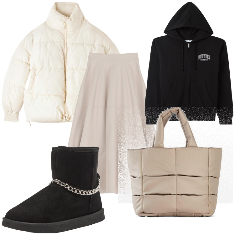 Outfit donna - Calda e in super sconto. Stile Urban per Tutti i giorni. Abbinamento con borse a mano, felpe con cappuccio, stivaletti, piumini, gonne longuette.