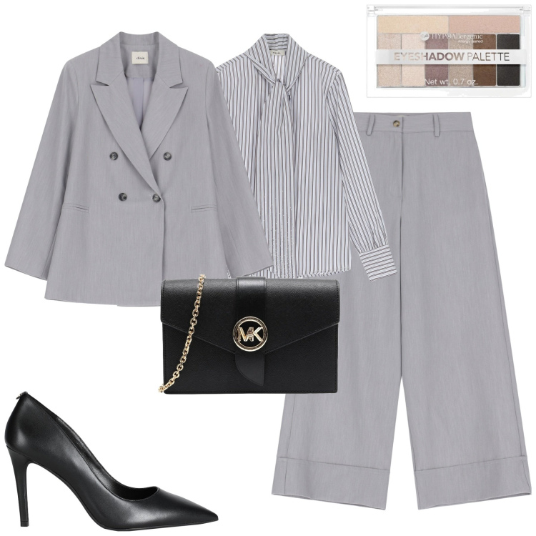Outfit donna - Elegante in grigio chiaro. Stile Chic per Tutti i giorni. Abbinamento con borse a tracolla, décolleté, ombretti, pantaloni a palazzo, blazer, camicie.
