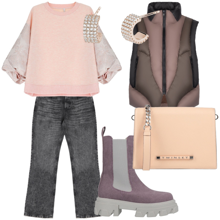 Outfit donna - Total look. Stile Sporty chic per Tutti i giorni. Abbinamento con stivaletti, borse a tracolla, orecchini, felpe, jeans, piumini.