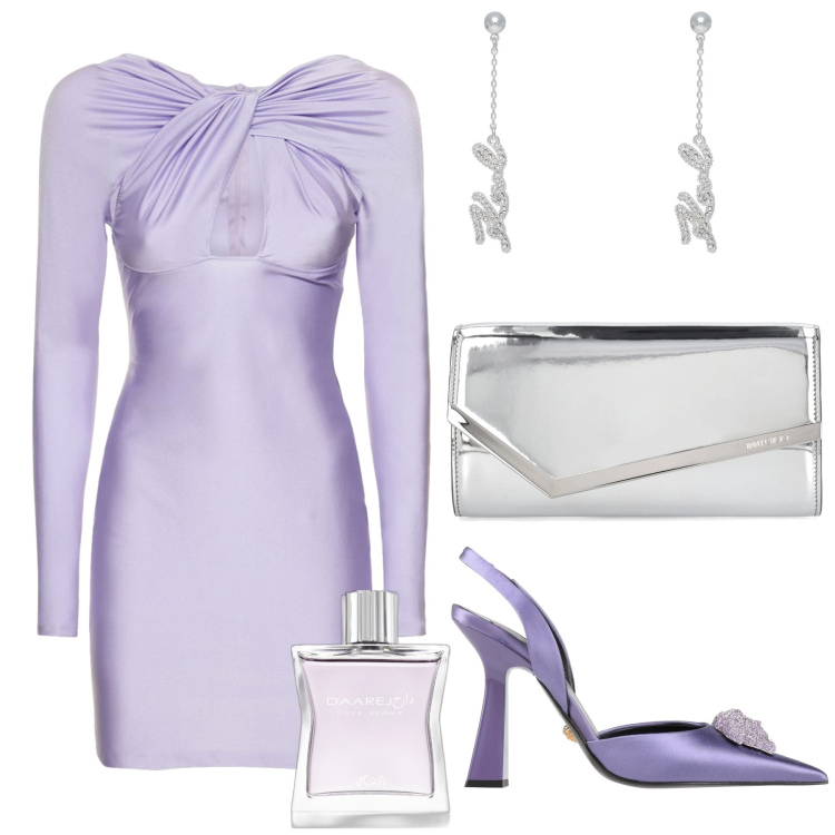 Outfit donna - I love lilla. Stile Glamour per Cerimonia. Abbinamento con décolleté, orecchini, profumi, vestiti, pochette.