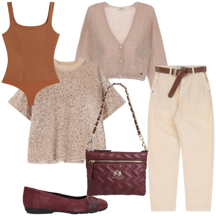 Outfit donna - Caffè con colleghi. Stile Urban per Ufficio. Abbinamento con borse a mano, ballerine, pantaloni chino, t-shirt, body, cardigans.
