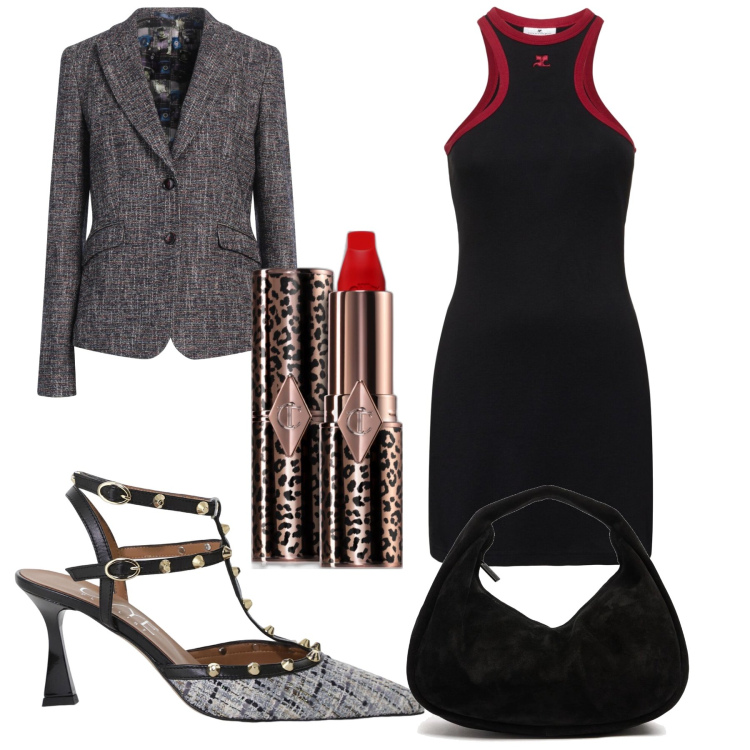 Outfit donna - Total look. Stile Glamour per Serata fuori. Abbinamento con blazer, rossetti, décolleté, borse a mano, vestiti.
