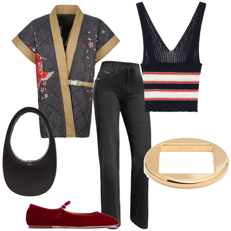 Outfit donna - Molto zen. Stile Boho per Tutti i giorni. Abbinamento con top, jeans, kimono, braccialetti, ballerine, borse a spalla.