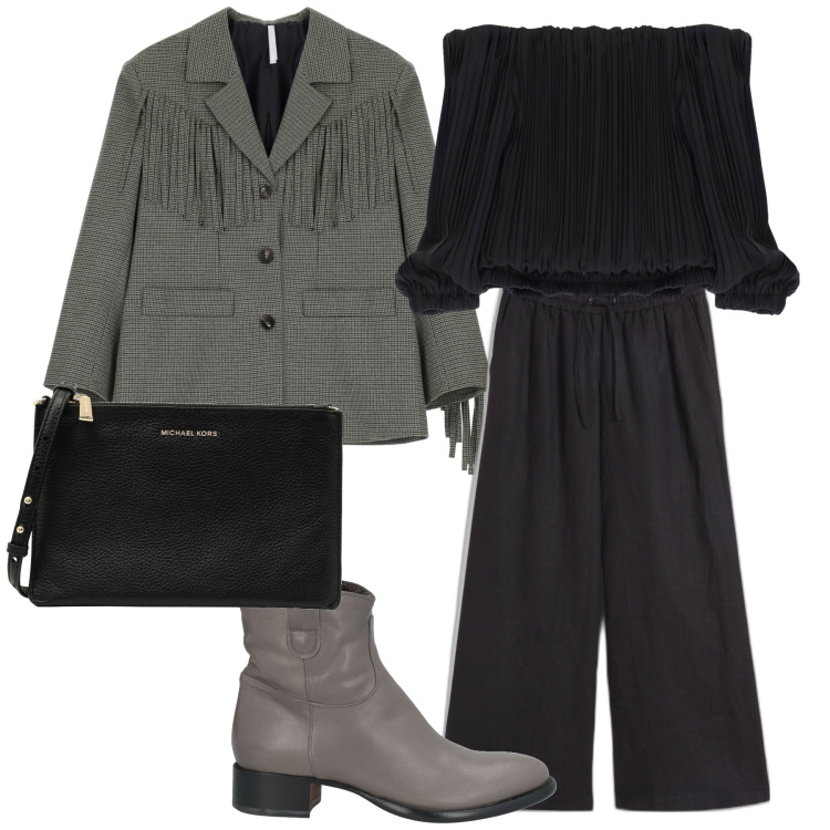 Outfit donna - Vai col boho. Stile Boho per Ufficio. Abbinamento con pantaloni a palazzo, stivaletti, borse a tracolla, top, blazer.