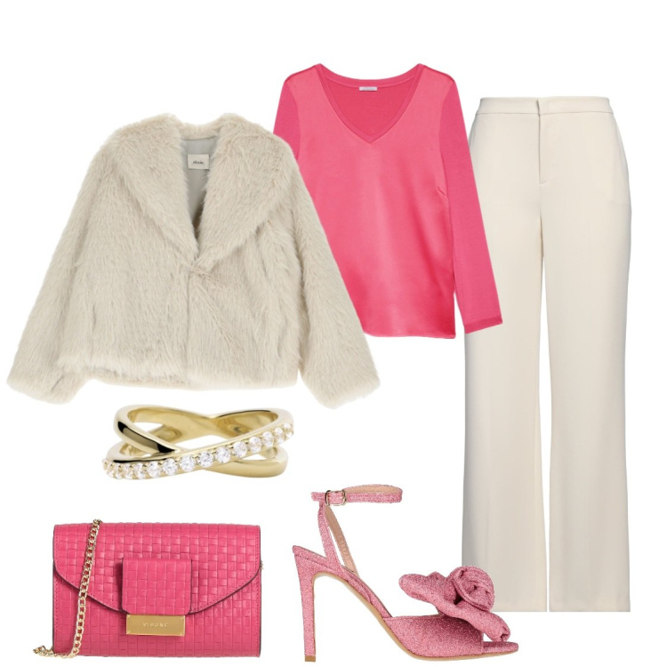 Outfit donna - Cerimonia d\'inverno. Stile Chic per Cerimonia. Abbinamento con sandali col tacco, borse a tracolla, pantaloni, anelli, blazer, t-shirt.