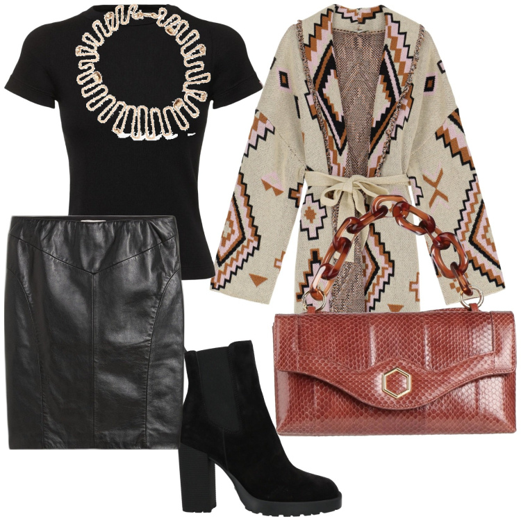 Outfit donna - Una bella borsa. per Ufficio. Abbinamento con gonne, stivaletti, borse a mano, cardigans, collane, t-shirt.