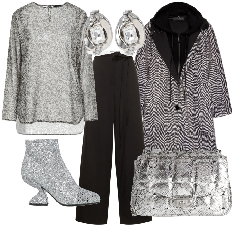 Outfit donna - Grigio scintillante. Stile Chic per Serata fuori. Abbinamento con top, borse a tracolla, stivaletti, cappotti, orecchini, pantaloni.
