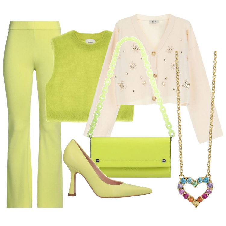 Outfit donna - Green apple world. Stile Trendy per Tutti i giorni. Abbinamento con décolleté, pantaloni, borse a mano, collane, cardigans, gilet.