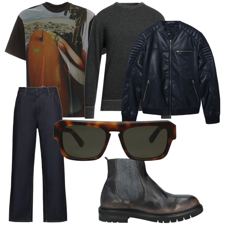 Outfit uomo - Andiamo in moto. per Tutti i giorni. Abbinamento con occhiali da sole, stivali e stivaletti, pullovers, giacche, t-shirt, jeans.