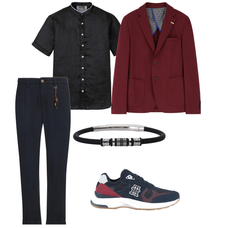 Outfit uomo - Semplice e ordinato. per Ufficio. Abbinamento con camicie a manica corta, sneakers, pantaloni, braccialetti, giacche.
