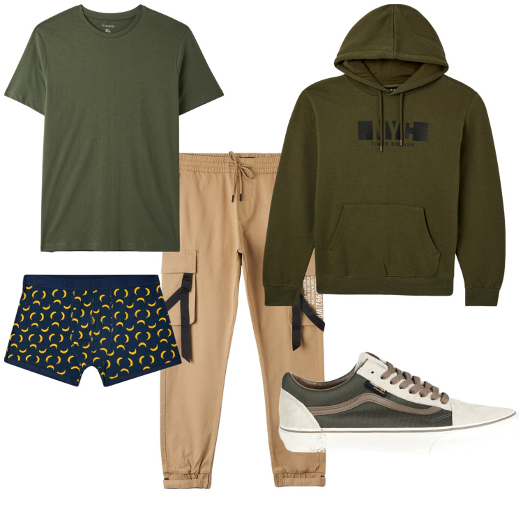 Outfit uomo - Passeggiata. per Tutti i giorni. Abbinamento con sneakers, boxer, pantaloni cargo, t-shirt, felpe con cappuccio.