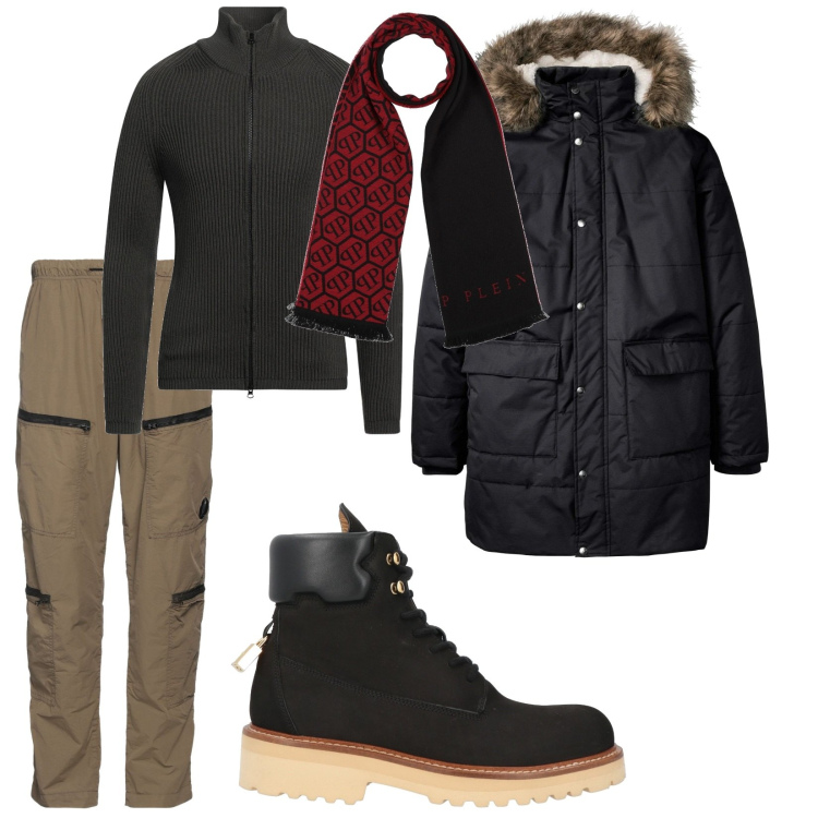 Outfit uomo - Montagna o città. per Tutti i giorni. Abbinamento con giacche, cardigans, pantaloni cargo, anfibi, sciarpe.