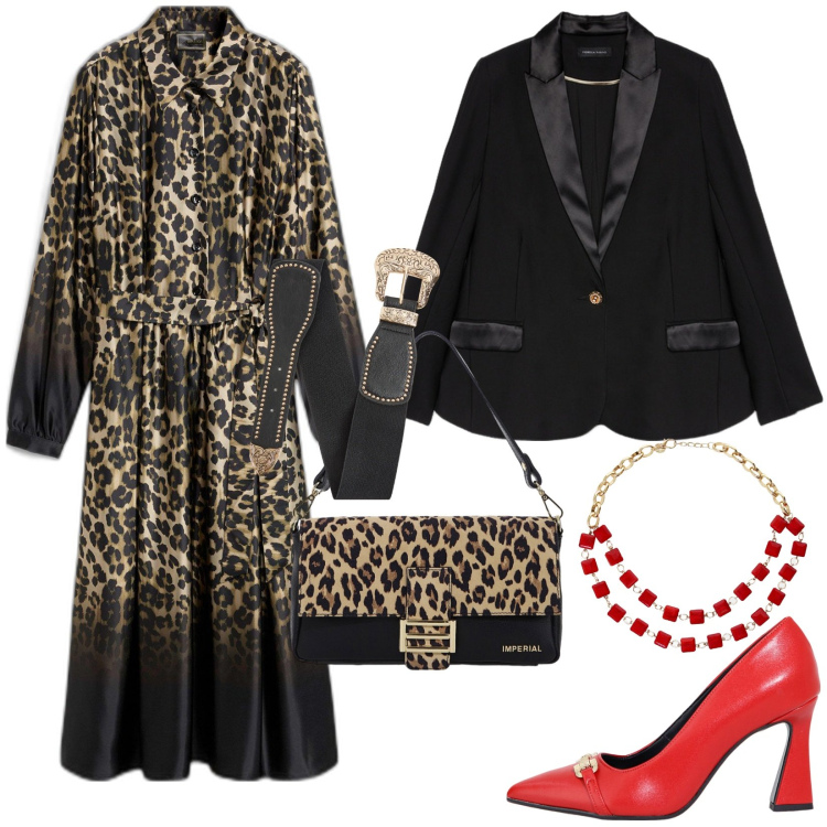 Outfit donna - Una serata speciale. Stile Chic per Serata fuori. Abbinamento con vestiti chemisier, cinture, décolleté, borse a spalla, collane, blazer.