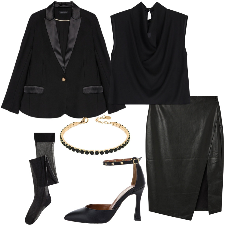 Outfit donna - Stupenda serata. Stile Sexy per Serata fuori. Abbinamento con collant, gonne longuette, top, décolleté, braccialetti, blazer.