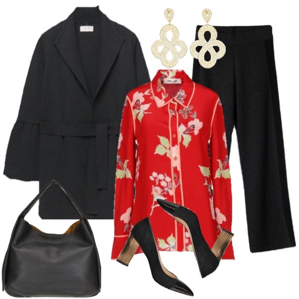 Outfit donna - La mattina di Natale. Stile Bon Ton per Tutti i giorni. Abbinamento con camicia senza tasche contrasto collo classico a maniche lunghe in seta spacchetti laterali con bottoni, pantalone contrasto vestibilità ampia, scarpe, orecchini glitter in argento 925 oro, pochette con stampa in pelle martellata doppio manico, cappotto con cintura.