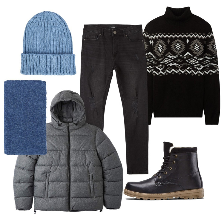 Outfit uomo - Giornata in montagna. Stile Casual per Tutti i giorni. Abbinamento con stivali e stivaletti, jeans strappati, piumini, maglieria, sciarpe, berretti.