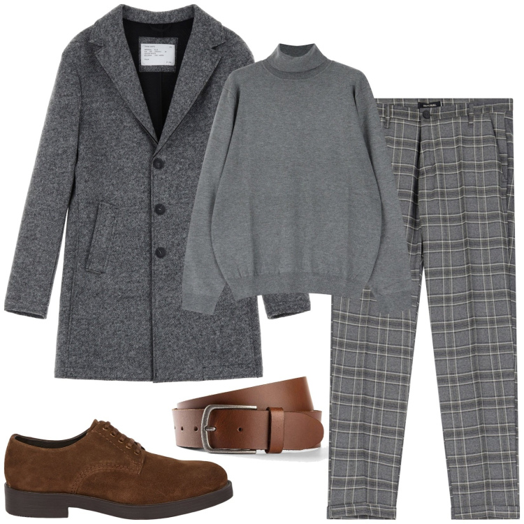 Outfit uomo - Total look #2069480. Stile Casual per Ufficio. Abbinamento con cinture, maglieria, pantaloni, cappotti, scarpe stringate.